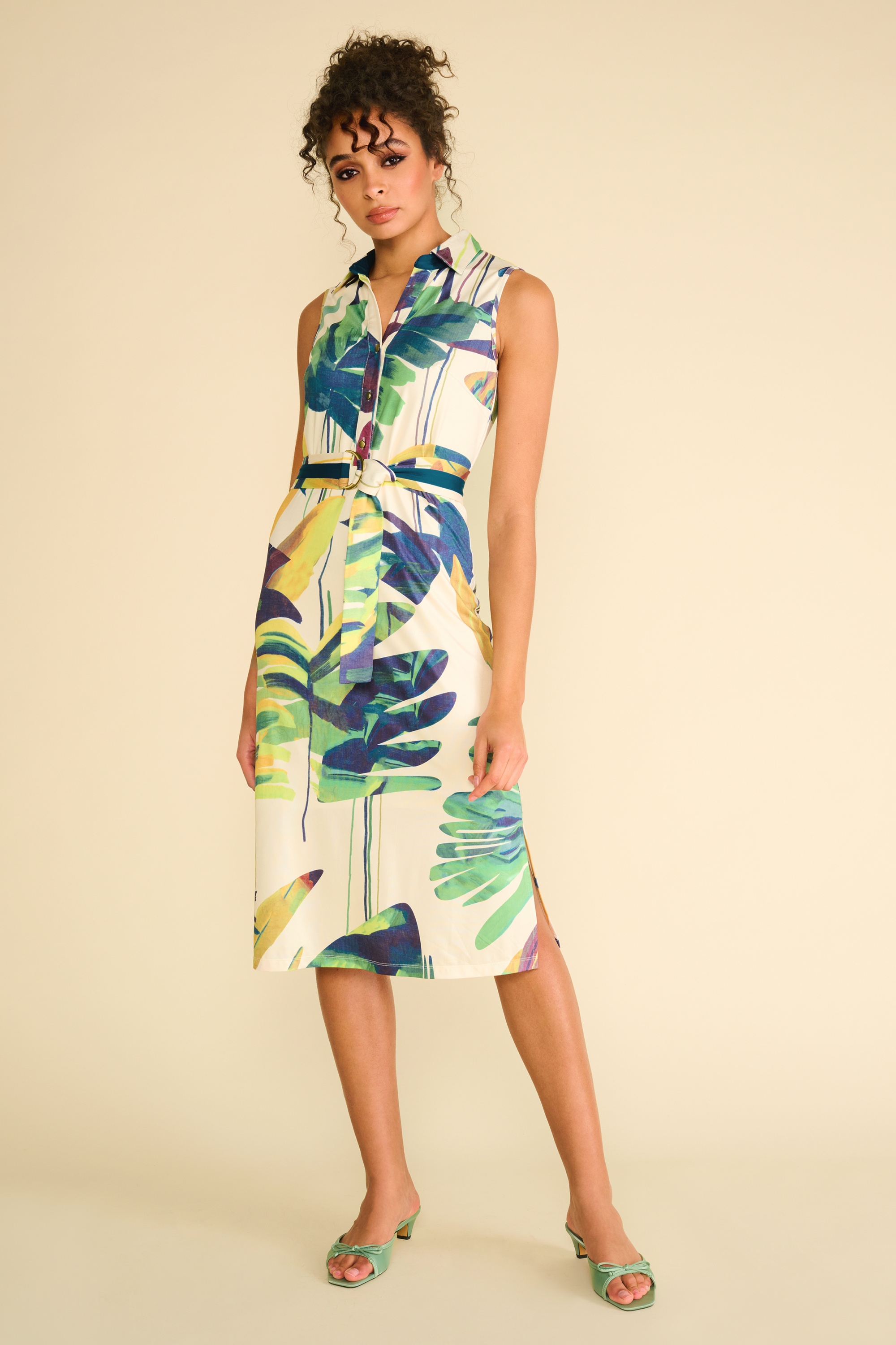 K-Design - Lillian Leave Print Midi Dress in Cream and Green