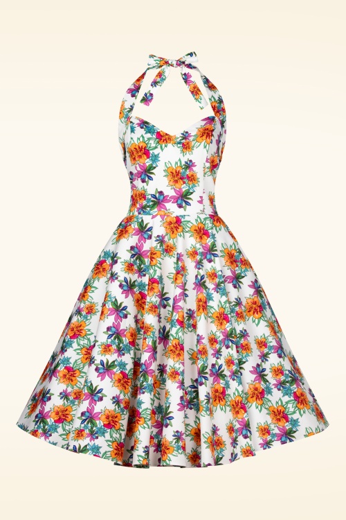 Topvintage Boutique Collection - Bettie Tropical Flower Swing Kleid in Weiß und Multi 3