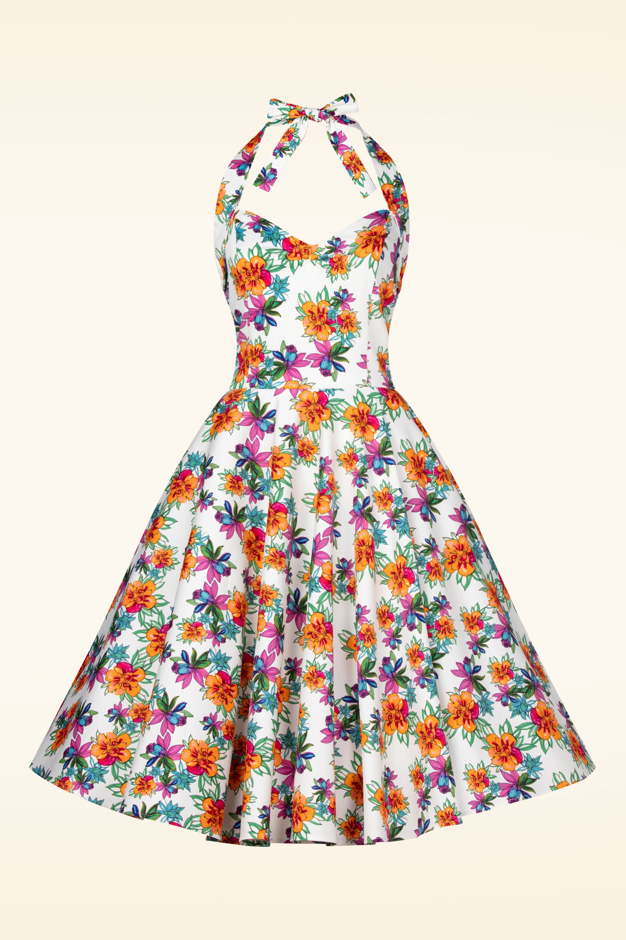 Topvintage Boutique Collection - Bettie Tropical Flower Swing Kleid in Weiß und Multi 3
