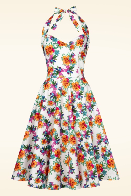 Topvintage Boutique Collection - Bettie Tropical Flower Swing Kleid in Weiß und Multi 7