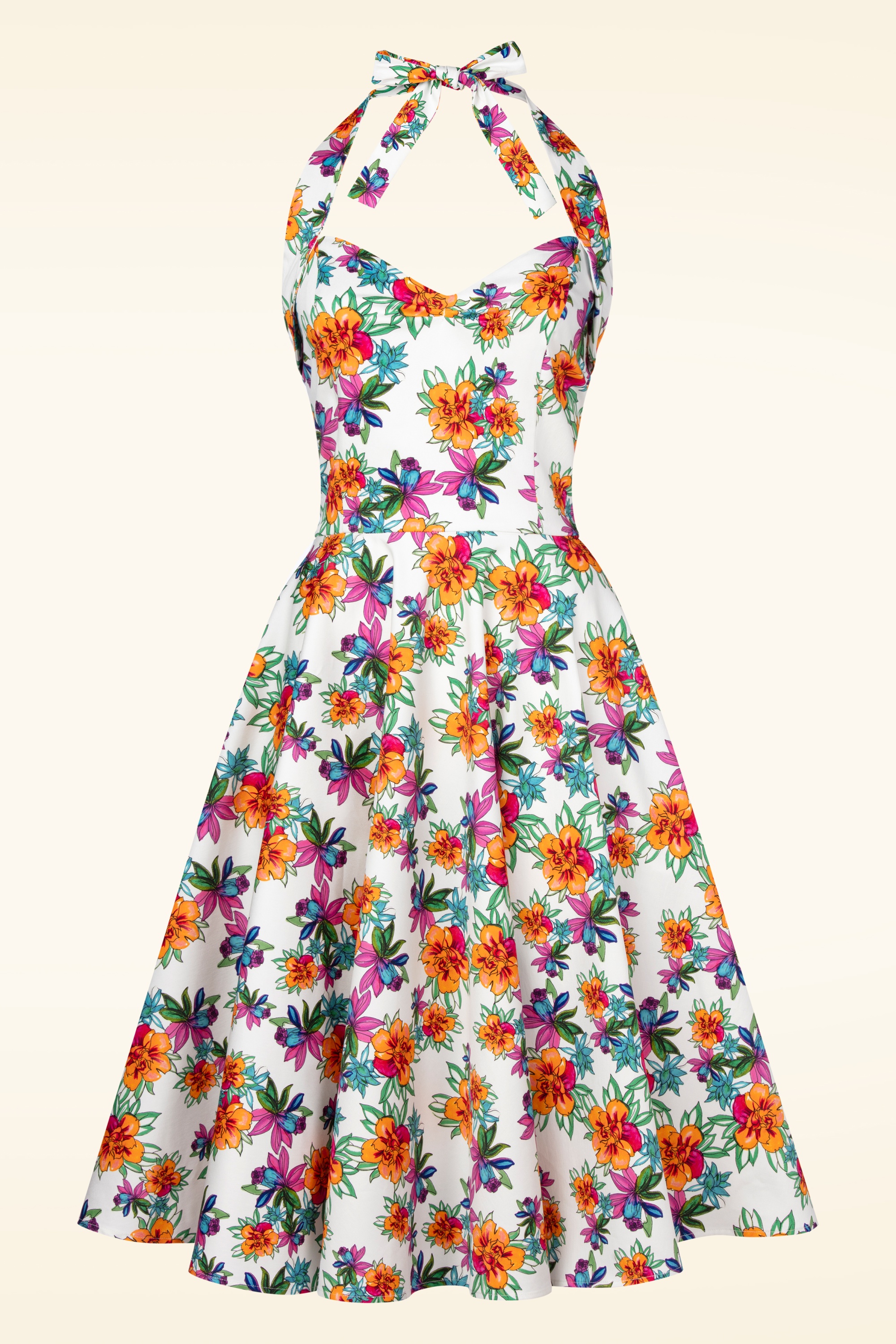 Topvintage Boutique Collection - Bettie Tropical Flower Swing Kleid in Weiß und Multi 7