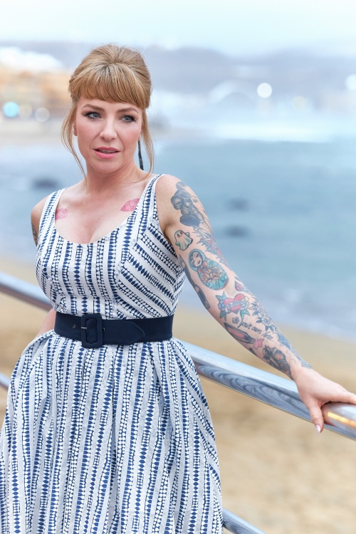 Miss Candyfloss - Arden Lee Striped Swing Dress in Navy and White 3