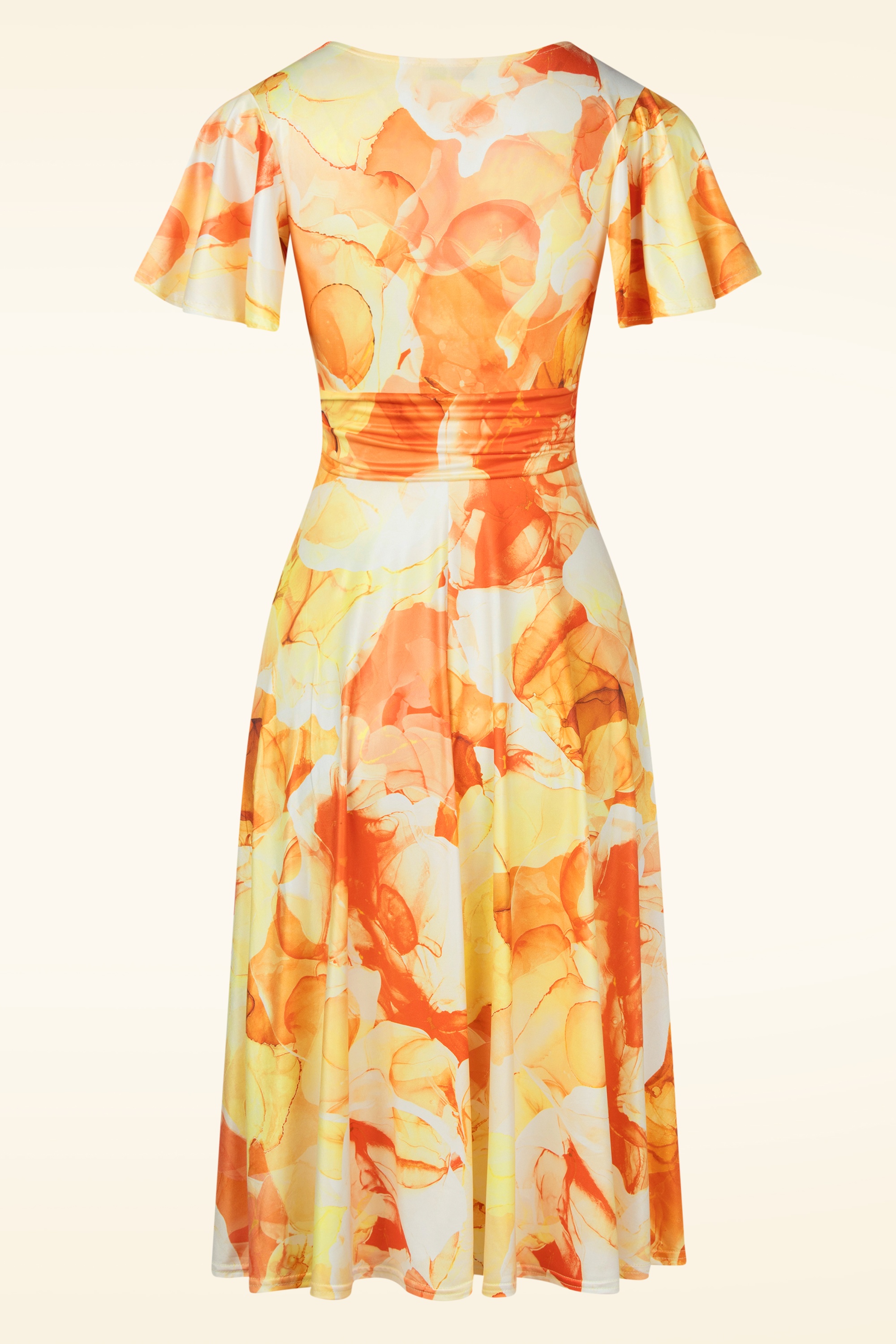 Vintage Chic for Topvintage - Irene Aquarel Cross Over swing jurk in oranje en geel 3