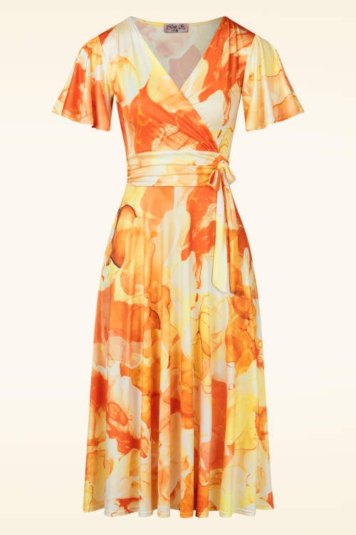 Vintage Chic for Topvintage - Irene Aquarel Cross Over swing jurk in oranje en geel