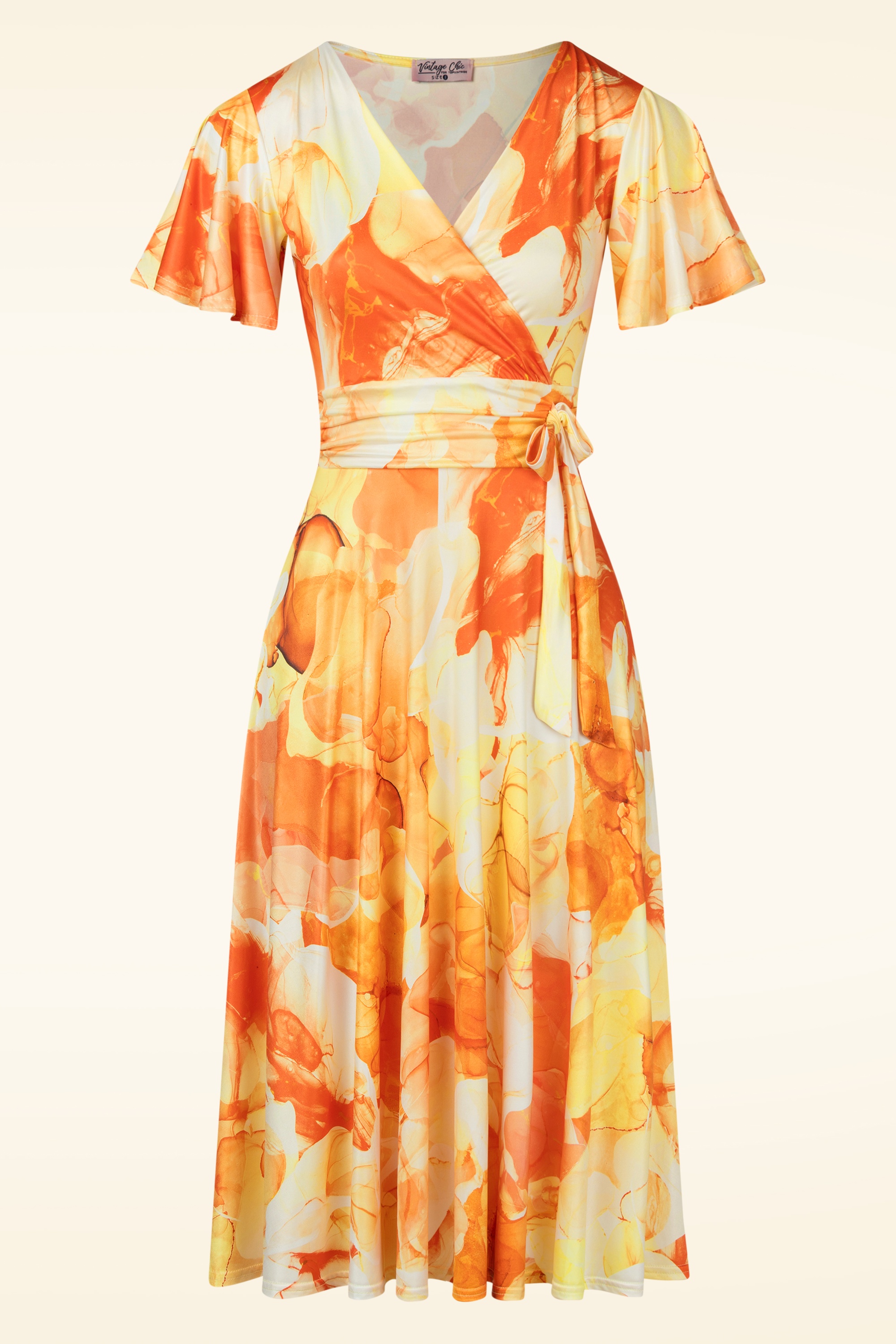 Vintage Chic for Topvintage - Irene Aquarel Cross Over swing jurk in oranje en geel