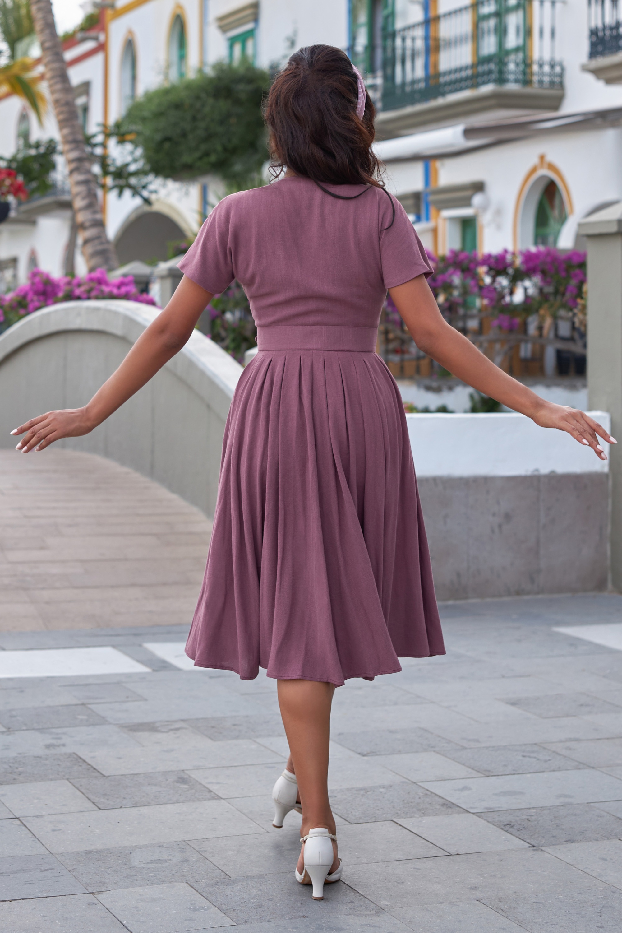 Miss Candyfloss - Astira Rosite Linen swing jurk in mauve 4