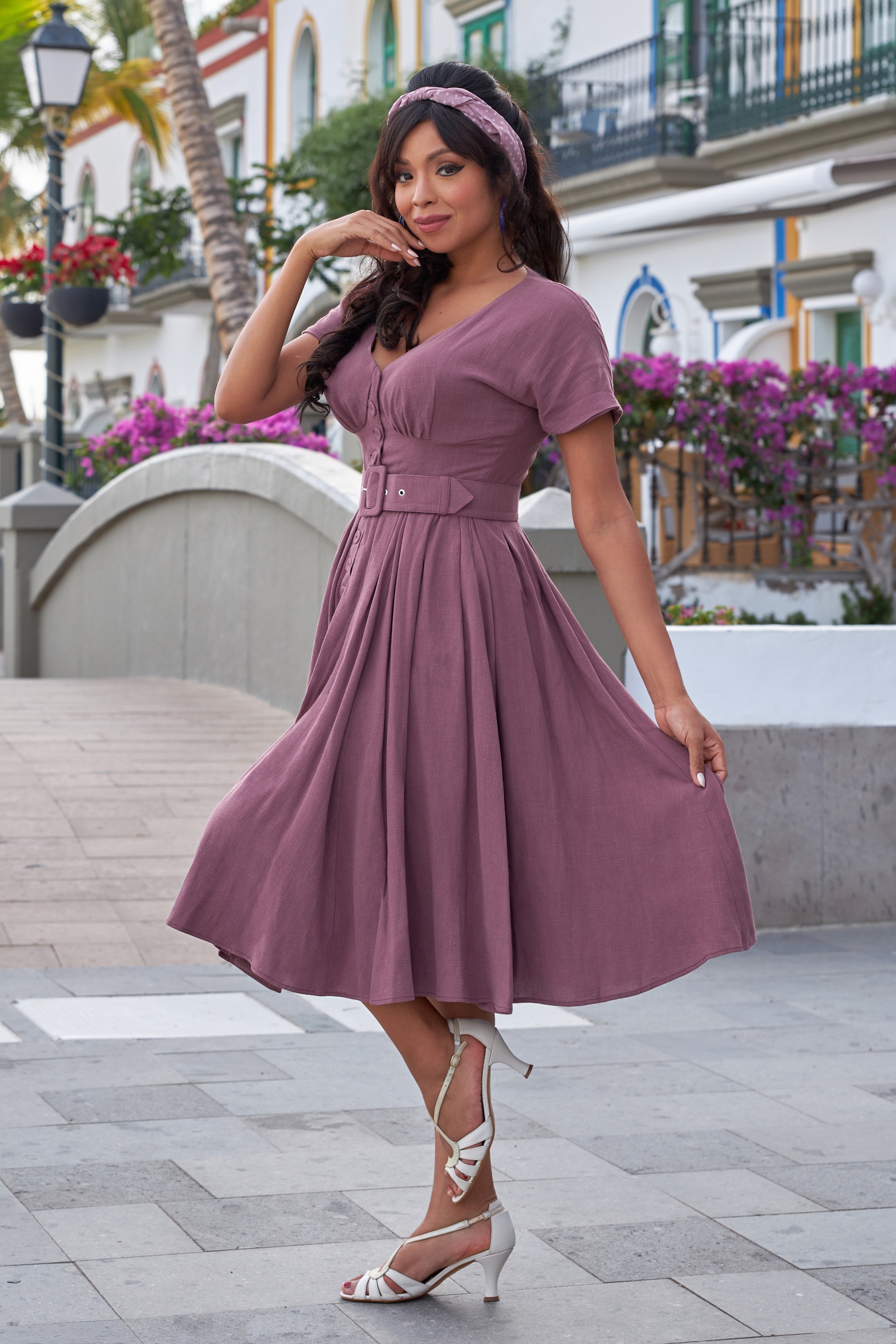 Miss Candyfloss - Astira Rosite Linen swing jurk in mauve 2