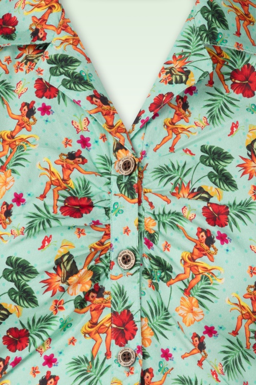 Queen Kerosin - Tiki Dancer Cropped Hawaii blouse in licht turquoise 2