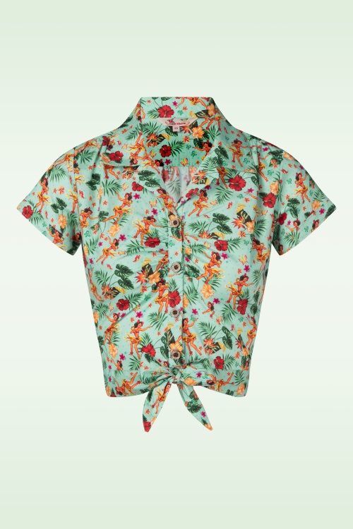 Queen Kerosin - Tiki Dancer Cropped Hawaii blouse in licht turquoise