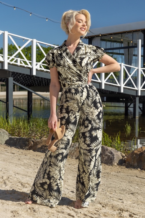 Banned Retro - Elizabeth Palm Leaves Palazzo Hose in Schwarz und Zartgelb