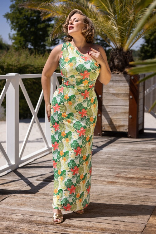 Vintage Chic for Topvintage - Olga Tropical Leaves One Shoulder maxi jurk in groen
