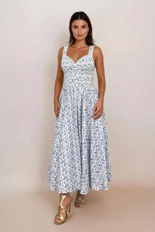 Timeless - Bryson Floral midi jurk in wit en blauw
