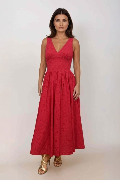 Timeless - Lysandra broderie anglaise midi jurk in lippenstift rood