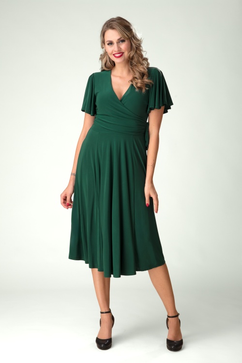 Vintage Chic for Topvintage - Irene Cross Over swing jurk in bosgroen