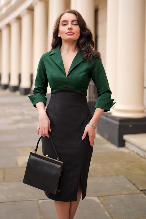 Glamour Bunny Business Babe - Dianne Two Toned Etuikleid in Schwarz und Grün.