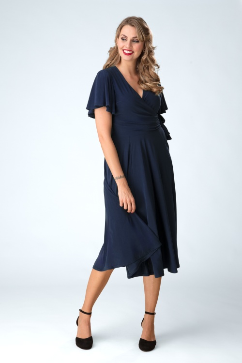 Vintage Chic for Topvintage - Irene Cross Over Swingkleid in Marineblau.