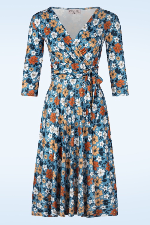 Vintage Chic for Topvintage - Aria Floral Swingkleid in Blau und Orange.