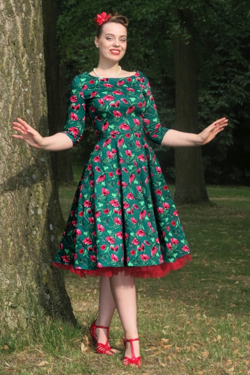 Topvintage Boutique Collection - Adriana Floral Swing Kleid in Dunkelgrün.