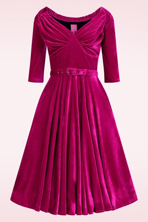 Glamour Bunny - Marilyn Velvet swing jurk in magenta 2