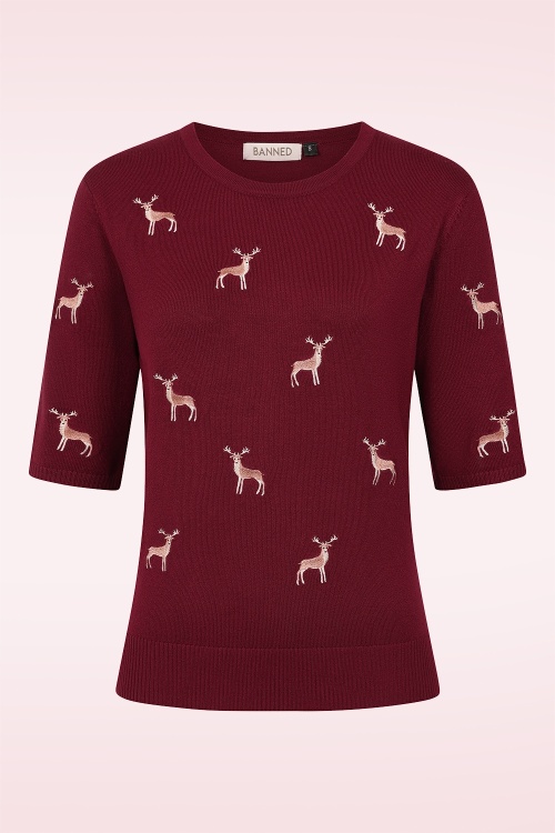 Banned Retro - Oh Deer gebreid truitje in bordeauxrood 2