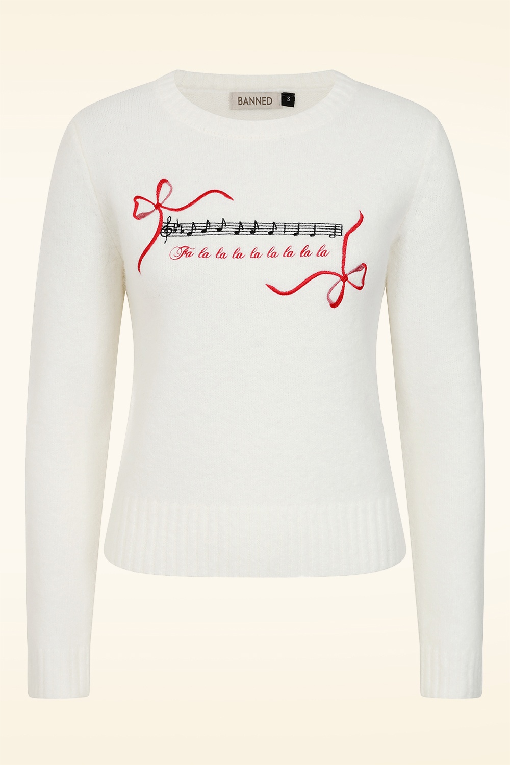 Banned Retro - Falalala gebreid truitje in ivoorwit