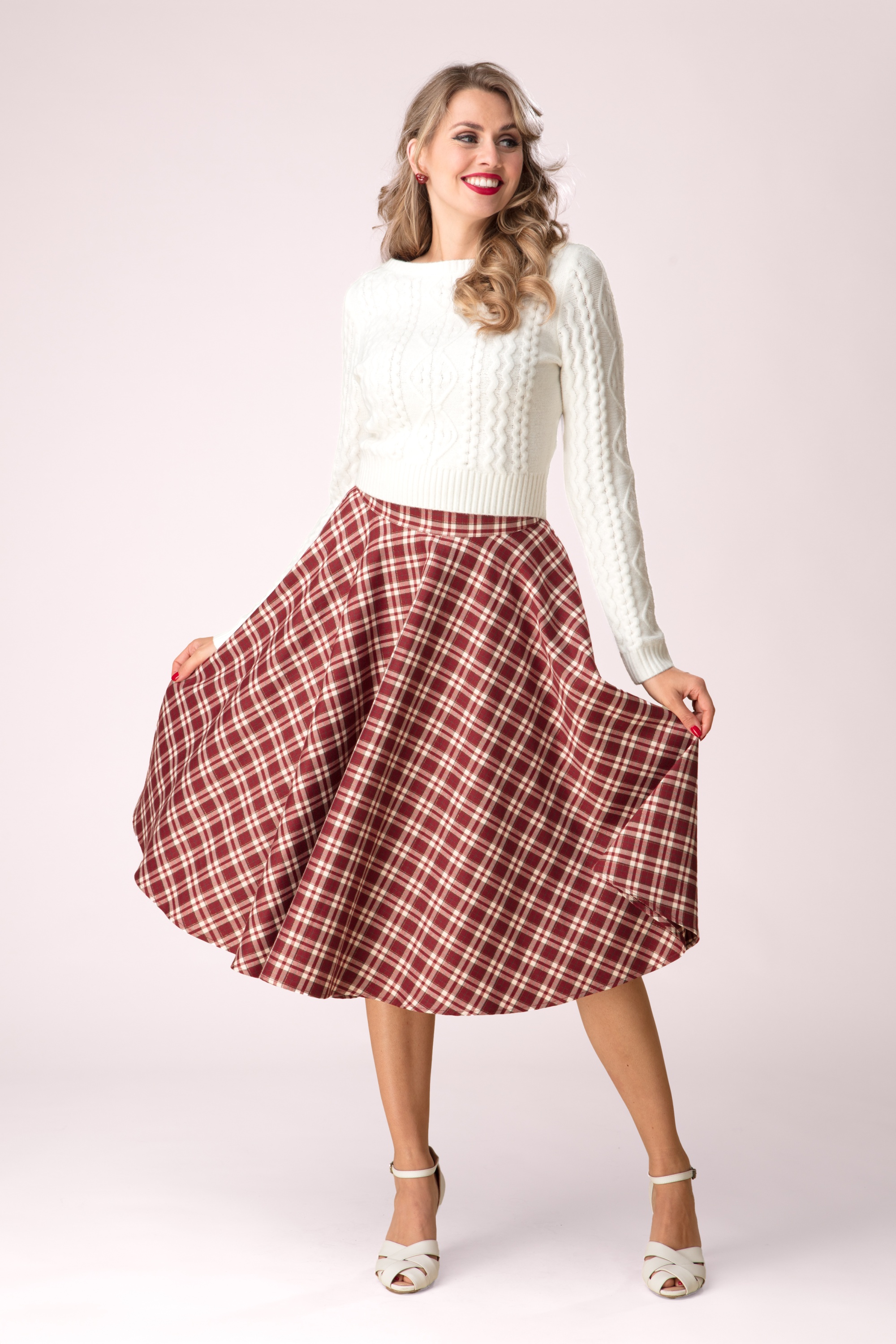 Banned Retro - Melanie geruite swing rok in bordeauxrood 