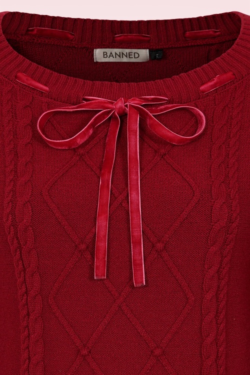 Banned Retro - Bow kabel gebreid truitje in dieprood 2