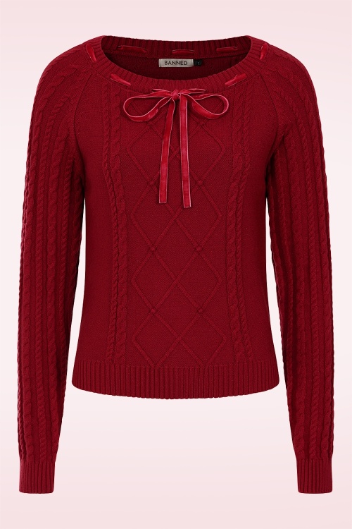 Banned Retro - Bow kabel gebreid truitje in dieprood