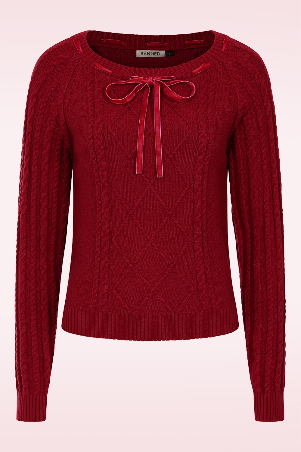 Banned Retro - Bow kabel gebreid truitje in dieprood