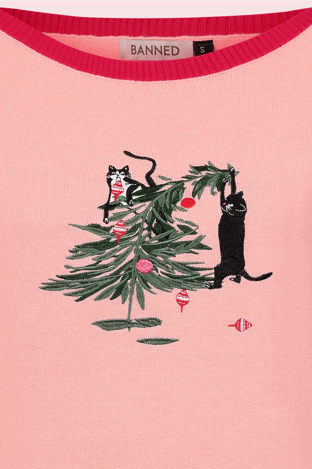 Banned Retro - Deck the Claw gebreid truitje in roze en rood 3