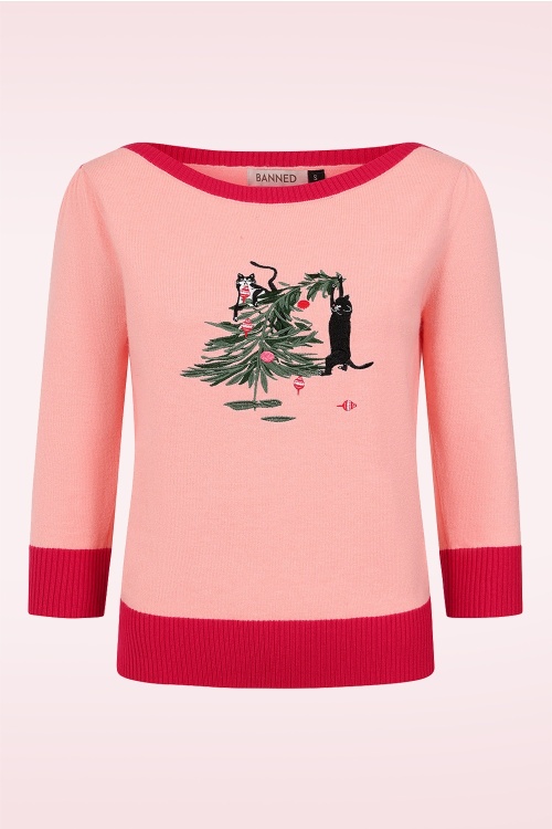 Banned Retro - Deck the Claw gebreid truitje in roze en rood 2