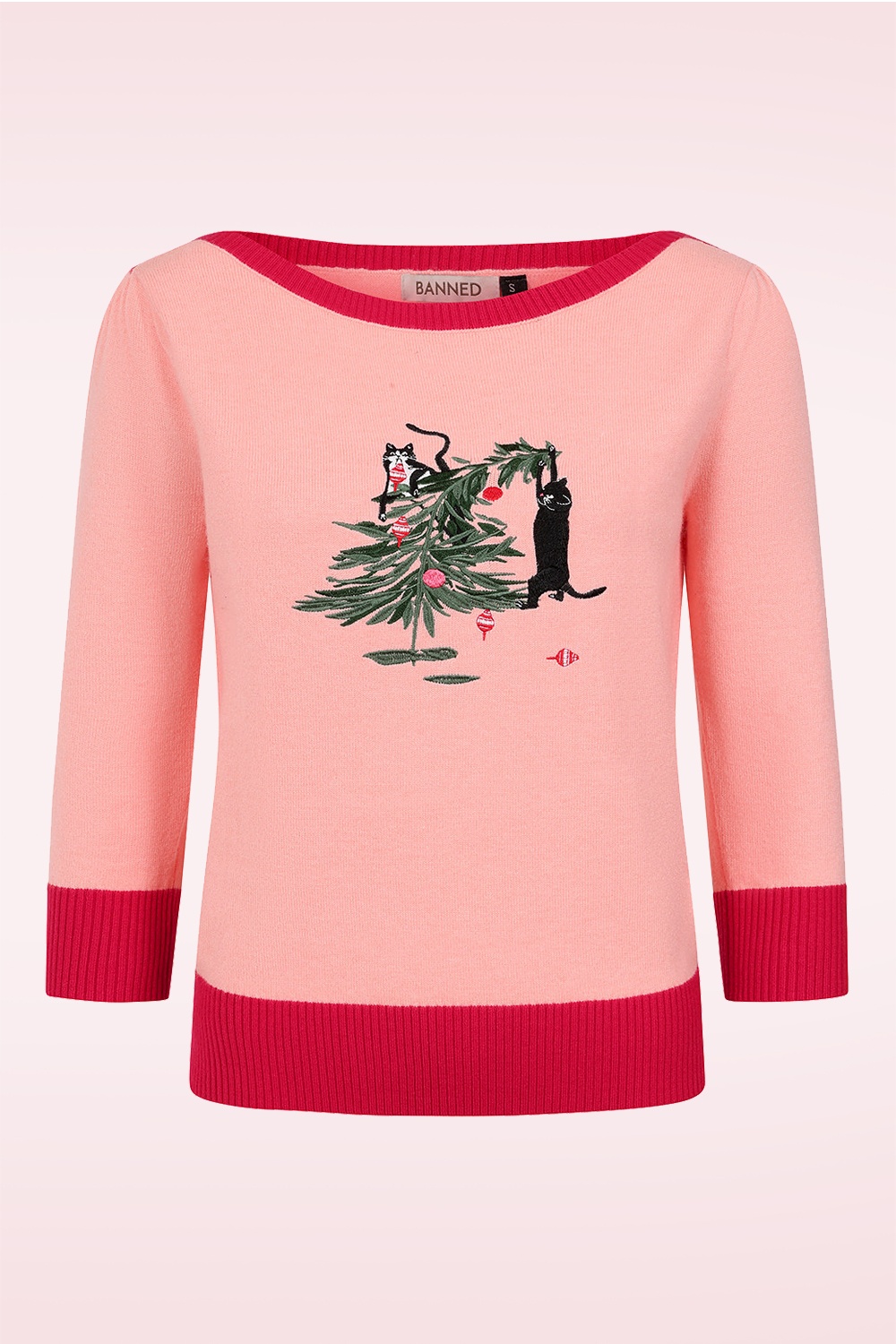 Banned Retro - Deck the Claw gebreid truitje in roze en rood 2