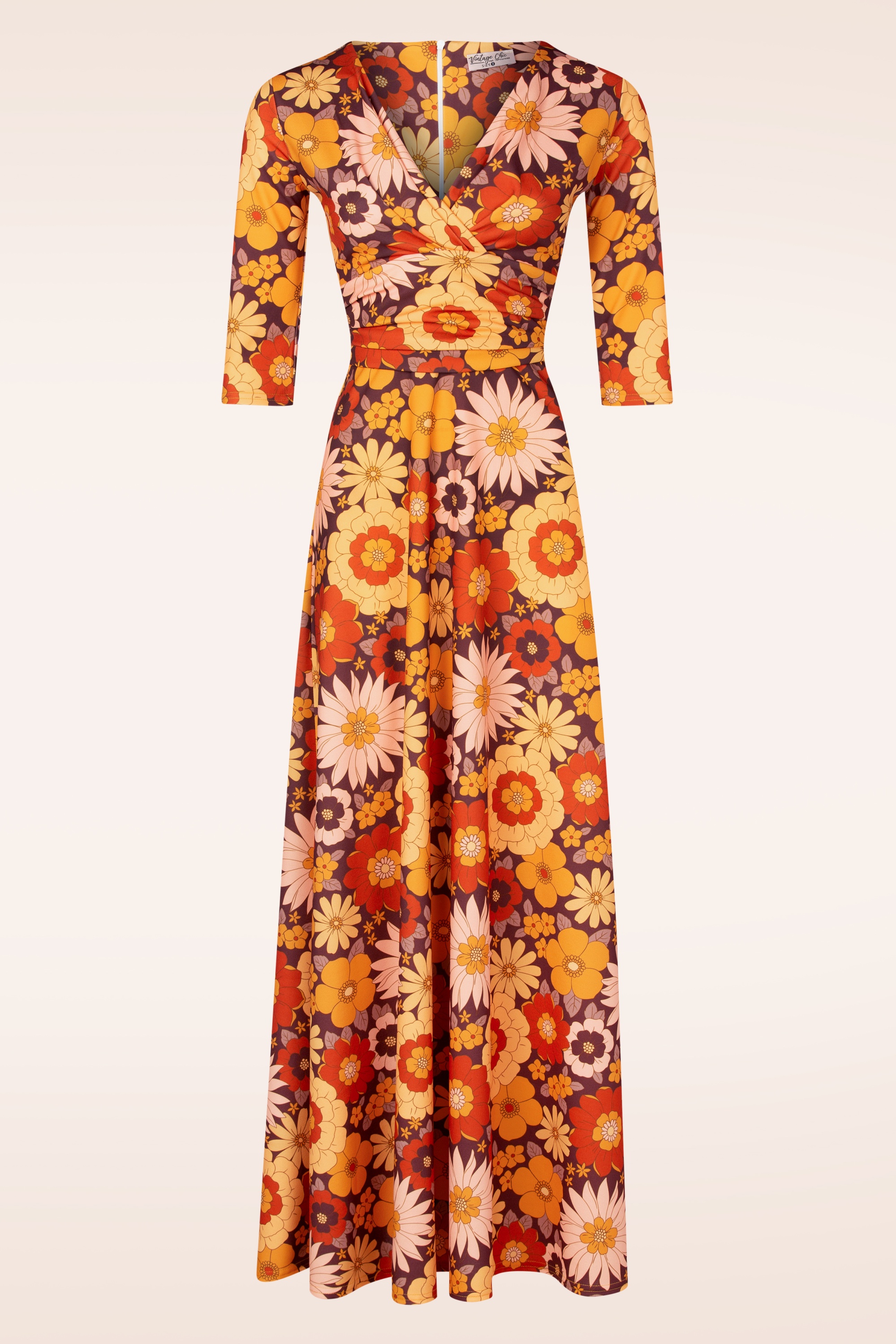 Vintage Chic for Topvintage - Topvintage exclusive ~ Savannah Retro Floral maxi jurk in geel en aubergine