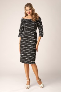 Banned Retro - Gemma Off-shoulder polka dot pencil jurk in zwart