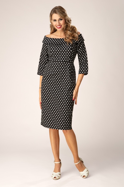 Banned Retro - Gemma Off-shoulder polka dot pencil jurk in zwart