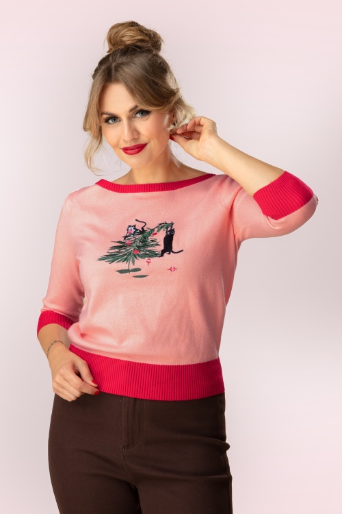 Banned Retro - Meowy Christmas Chaos swing jurk in lichtroze