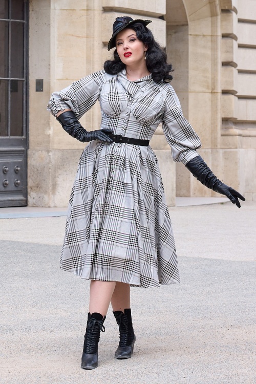 Miss Candyfloss - Lylou Silver Tartan swing jurk in grijs