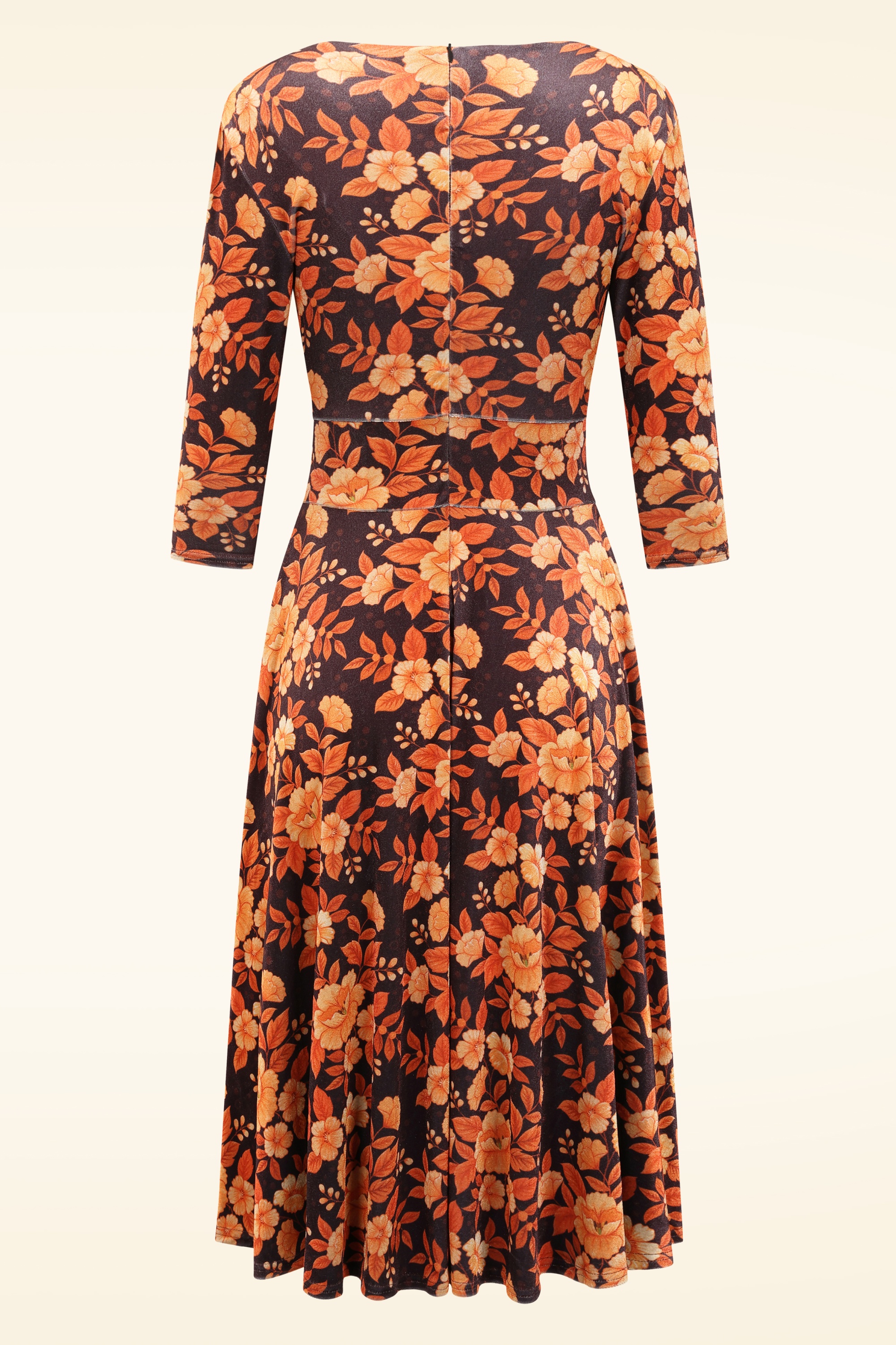 Vintage Chic for Topvintage - Topvintage exclusive ~ Caroline Floral Velvet swing jurk in zwart en oranje 4