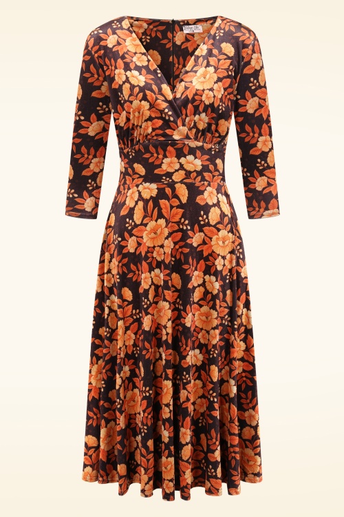 Vintage Chic for Topvintage - Topvintage exclusive ~ Caroline Floral Velvet swing jurk in zwart en oranje