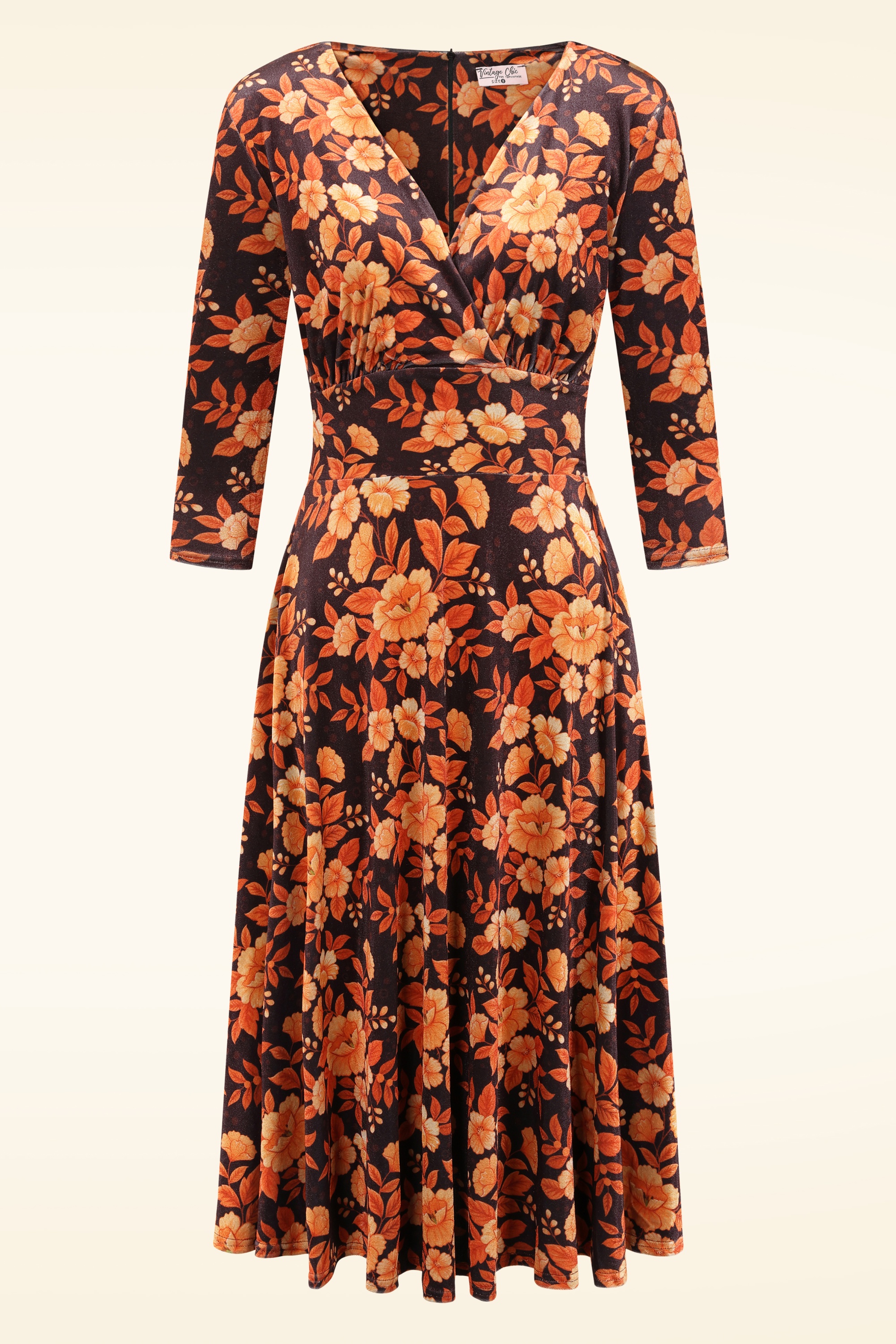 Vintage Chic for Topvintage - Topvintage exclusive ~ Caroline Floral Velvet swing jurk in zwart en oranje