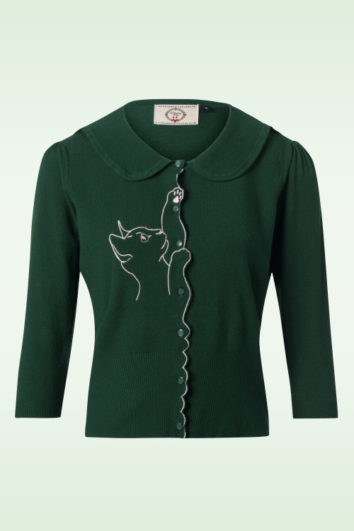 Banned Retro - Cat Scallop cardigan in donkergroen 2