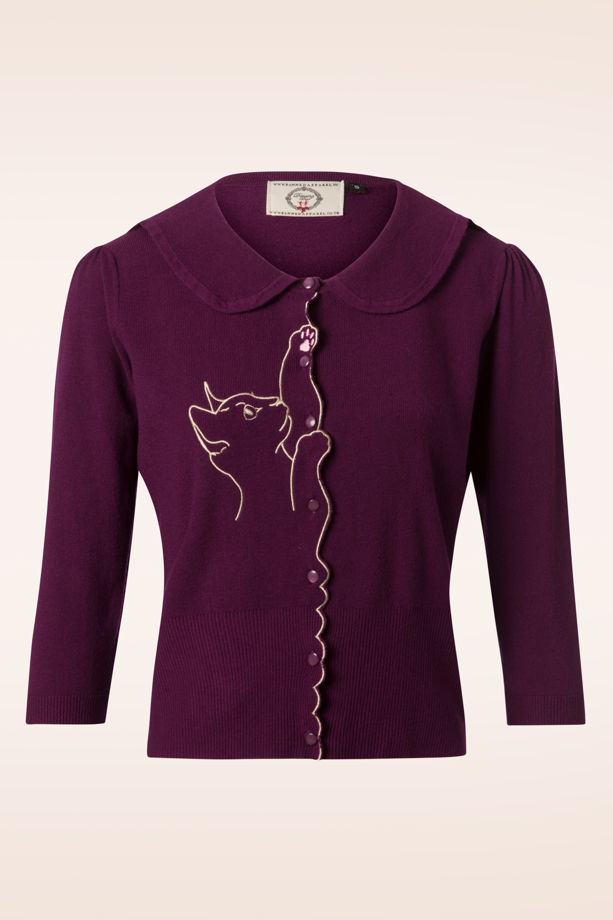 Banned Retro - Cat Scallop Collar cardigan in aubergine 3