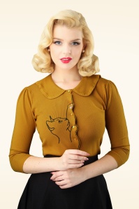 Banned Retro - Cat Scallop Collar cardigan in mosterdgeel