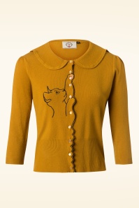 Banned Retro - Cat Scallop Collar cardigan in mosterdgeel 2