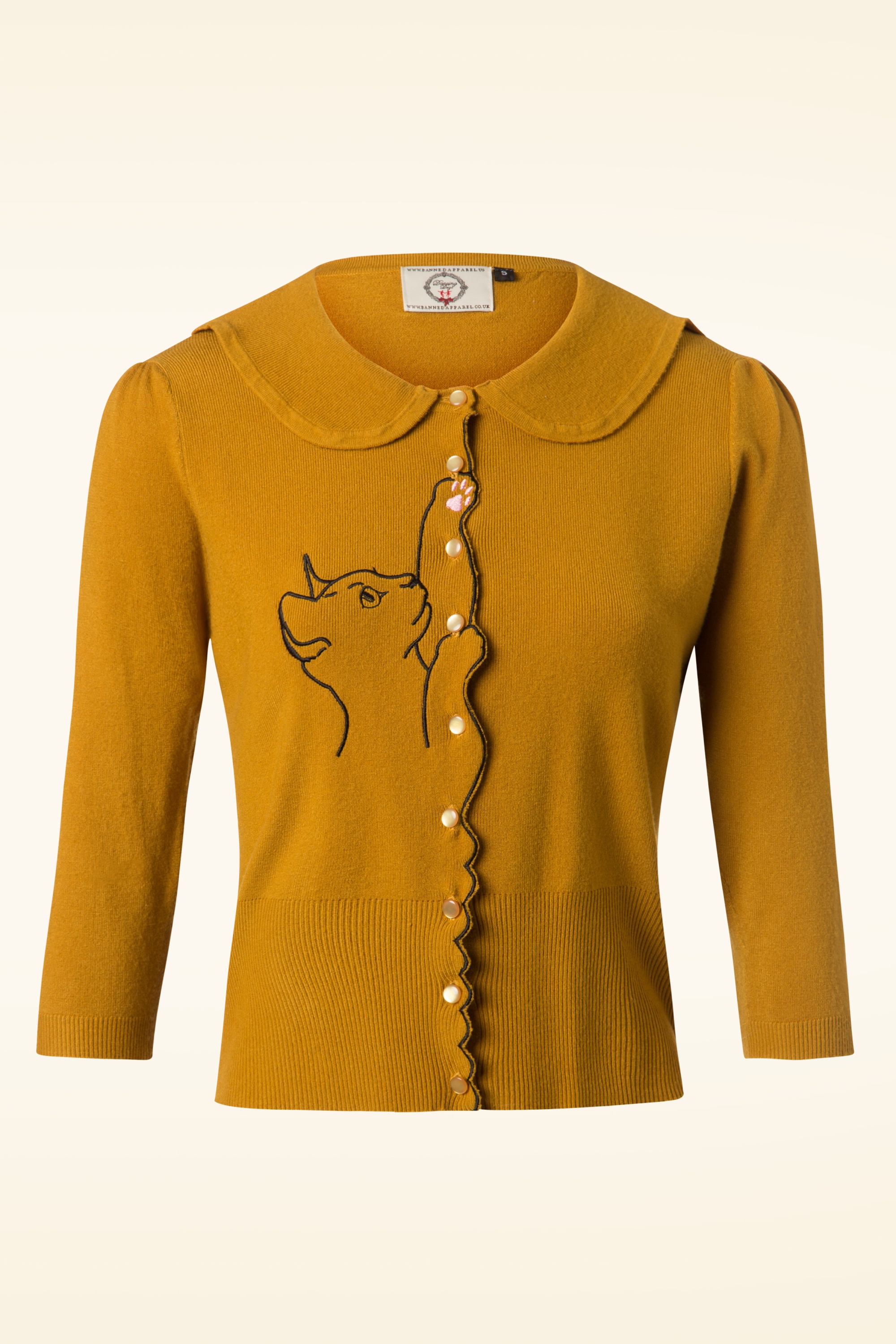 Banned Retro - Cat Scallop Collar cardigan in mosterdgeel 2