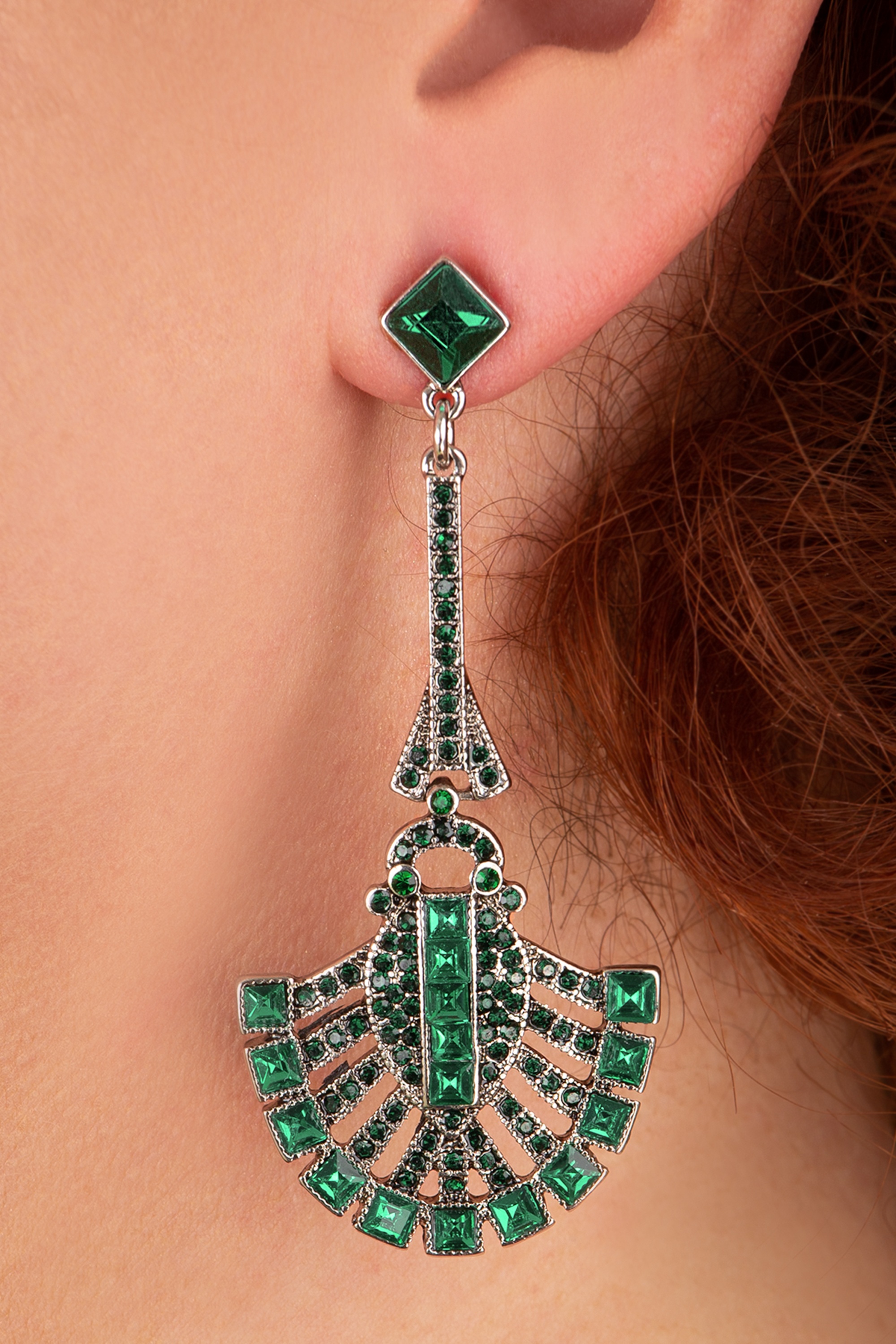 Lovely - Art Deco oorbellen in smaragd en zilver