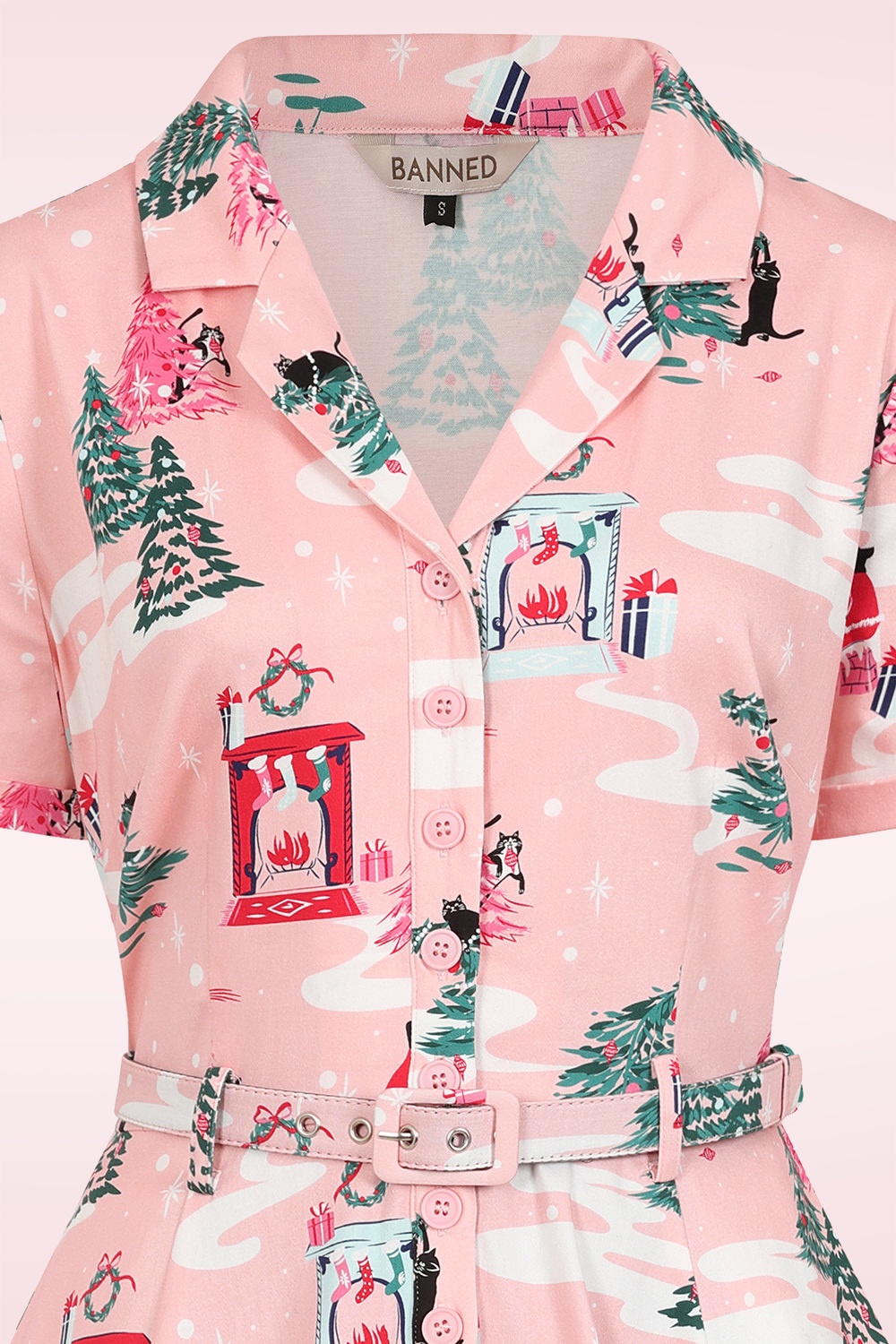 Banned Retro - Meowy Christmas Chaos swing jurk in lichtroze 2