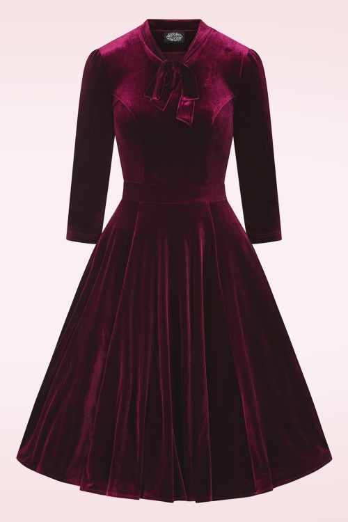 Hearts & Roses - Vera fluwelen swing jurk in bordeauxrood  2