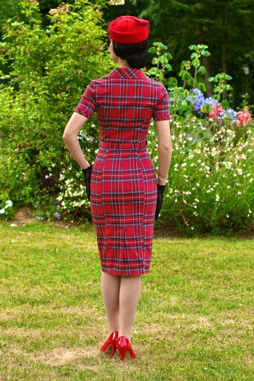 Hearts & Roses - Terissa Tartan pencil jurk in rood 5
