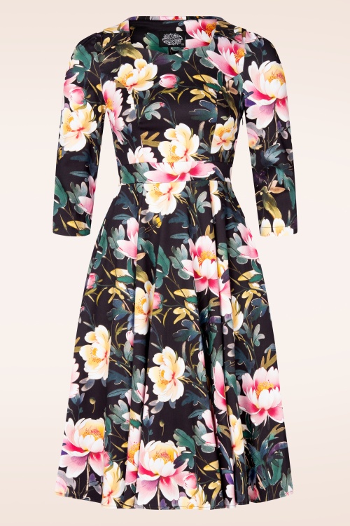 Hearts & Roses - Deidre Floral Swing jurk in zwart en multi
